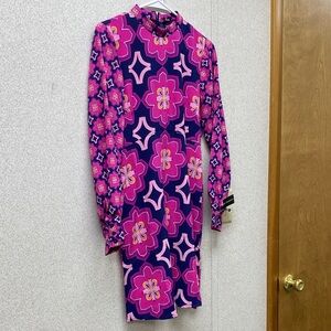 Donna Morgan Pink & Navy Retro Floral Long Sleeve Midi Dress with High Neck